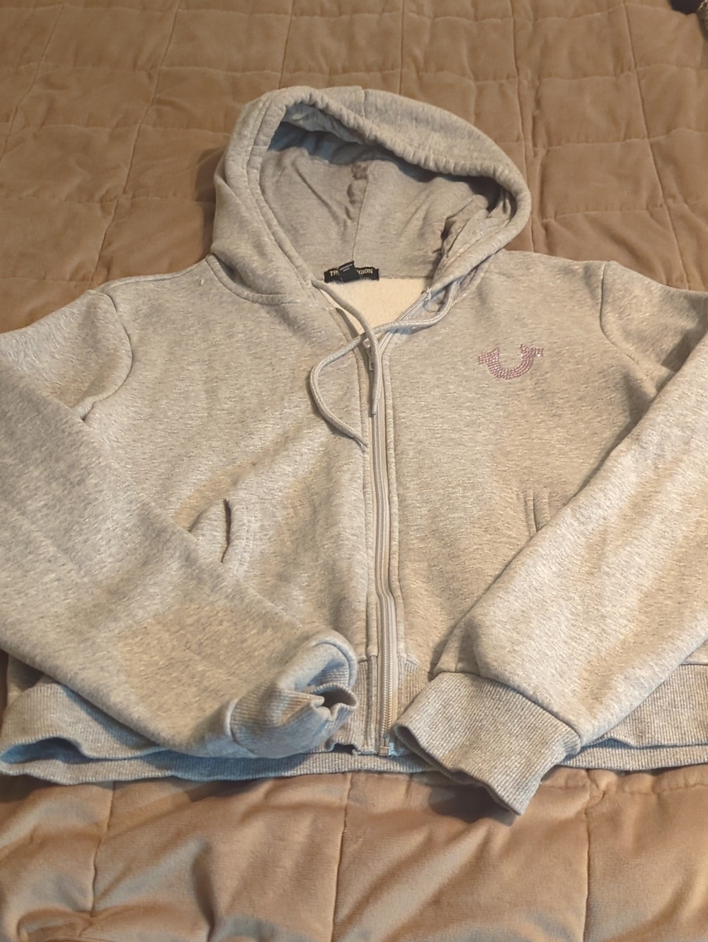 True Religion Woman's Light Gray Hooded Zip-Up Jacket
